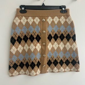 NWT Maje Jilina Knit Mini Skirt in Tan Argyle, Size 38/6